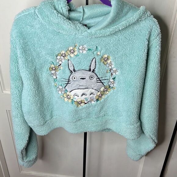 Studio Ghibli My Neighbor Totoro Floral Sherpa Lounge Top Cropped Mint Green Nwt - Picture 3 of 8